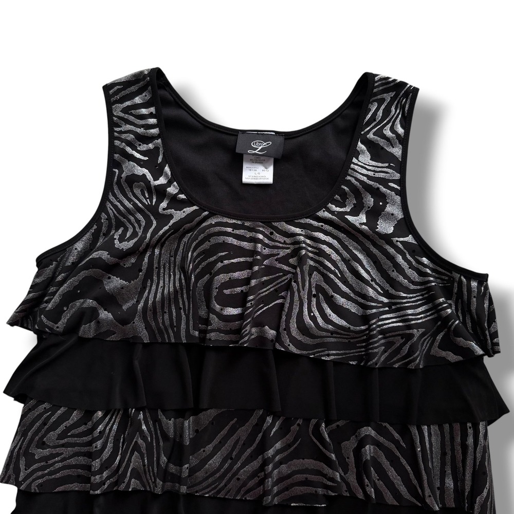 Libra Women's L Black Silver Metallic Sequins Zebra Tiered Ruffled Tank Top Y2K